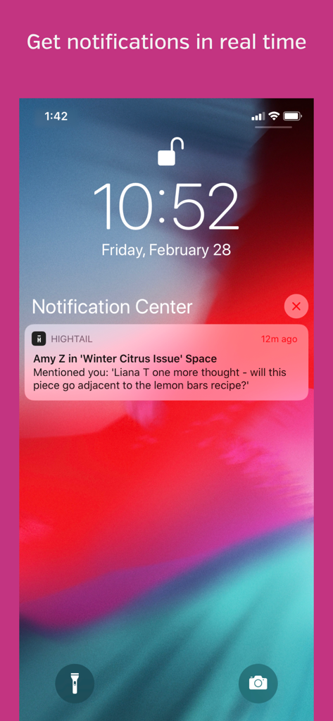 Hightail - iPhone lock screen showing a real-time push notification from Hightail for a creative collaboration project