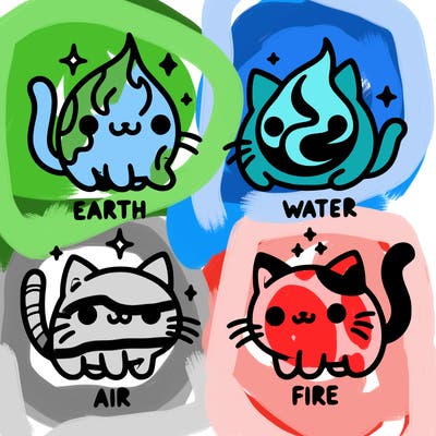 4 cats that represent the different elements, earth, water, air, and fire