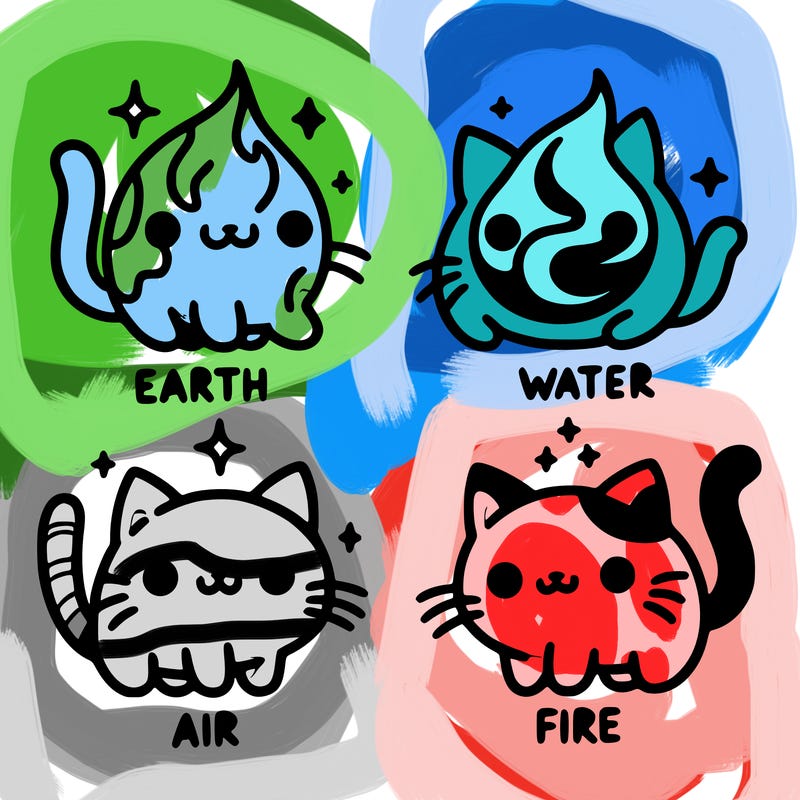 4 cats that represent the different elements, earth, water, air, and fire