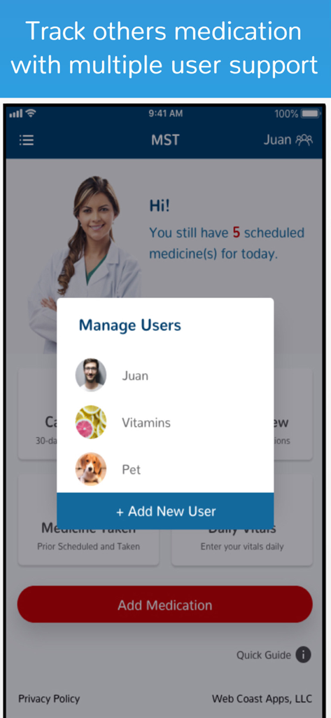 Interfaccia dell'app Medicine Tracker che mostra la finestra di gestione utenti con i profili per una persona, vitamine e un animale domestico.