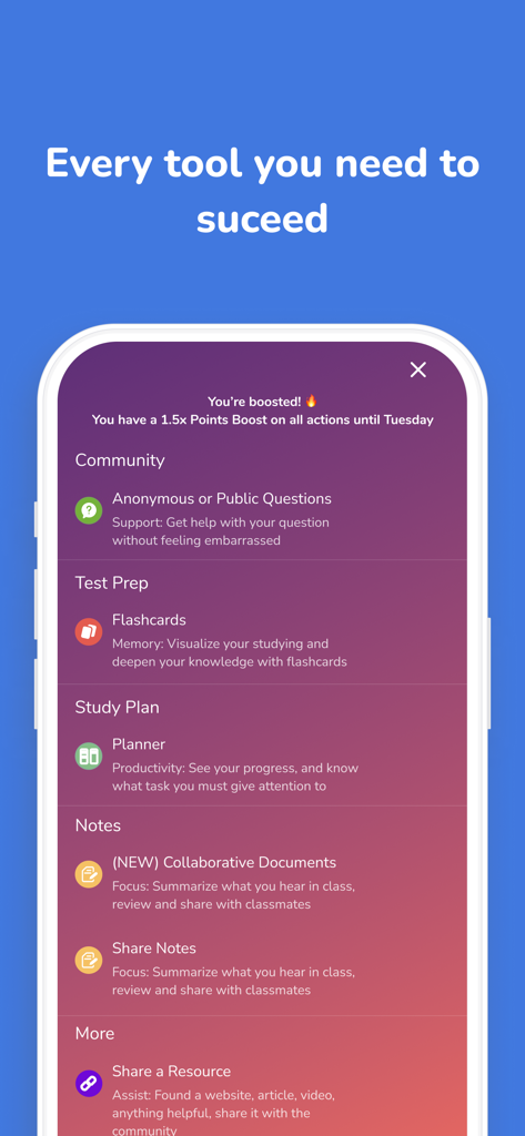 CircleIn- Circle in Daily - Painel do aplicativo CircleIn mostrando uma lista de ferramentas de estudo, incluindo flashcards, planejador e notas colaborativas.