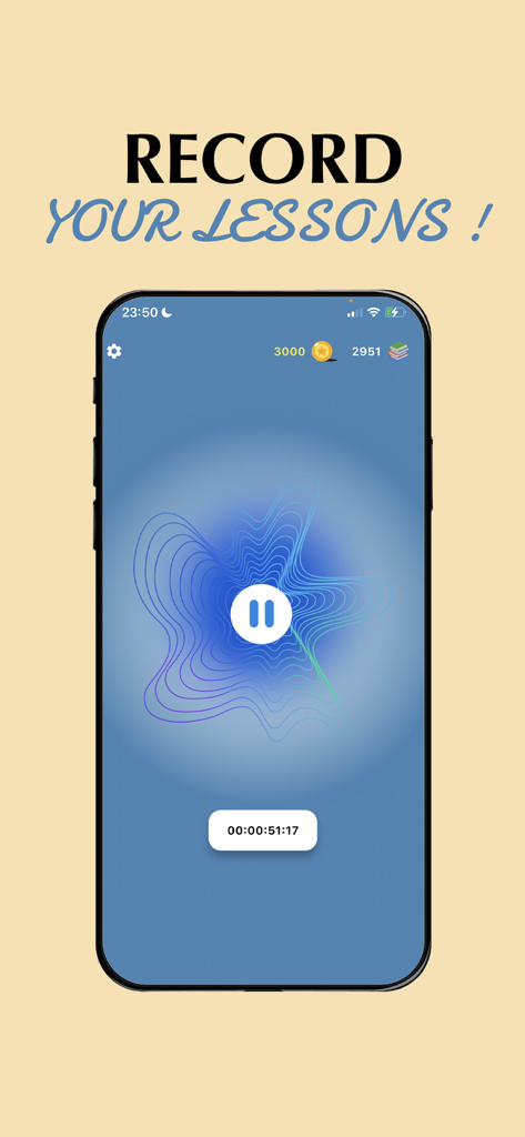 Aistote : AI QUIZ - Interface de l'application Aistote montrant la fonction d'enregistrement audio des leçons scolaires avec un chronomètre et un bouton pause.