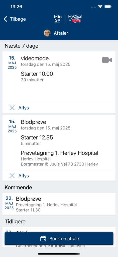 MinSP - MinSP app interface showing a list of medical appointments and video meetings