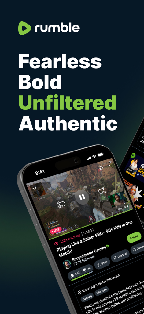 Interface do aplicativo Rumble mostrando uma transmissão ao vivo de jogos com slogans para conteúdo destemido e sem filtros