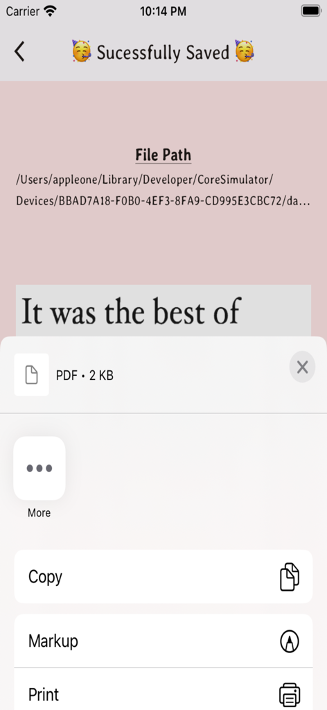Un écran mobile montrant un fichier PDF sauvegardé avec succès après extraction de texte d'une image.