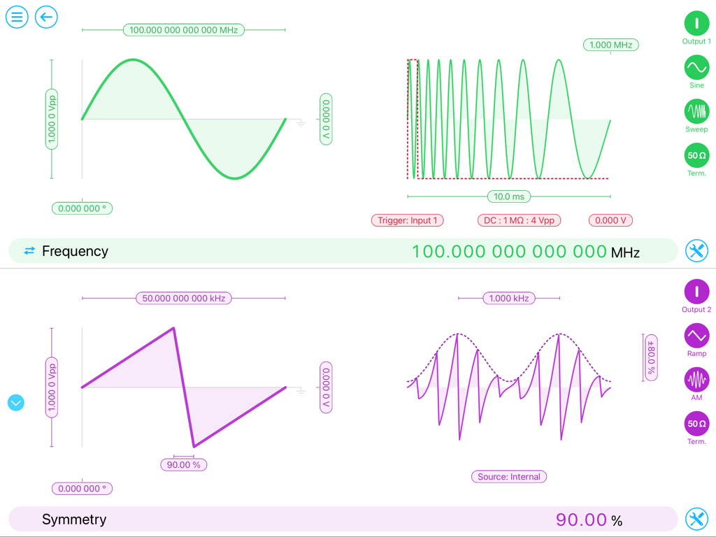 The Moku app interface on iPad showing simultaneous waveform generation for multiple outputs