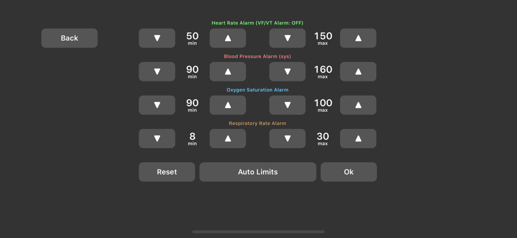 Medical Rescue Sim Pro - Interface for configuring heart rate blood pressure and oxygen saturation alarm limits in the Medical Rescue Sim Pro simulation tool