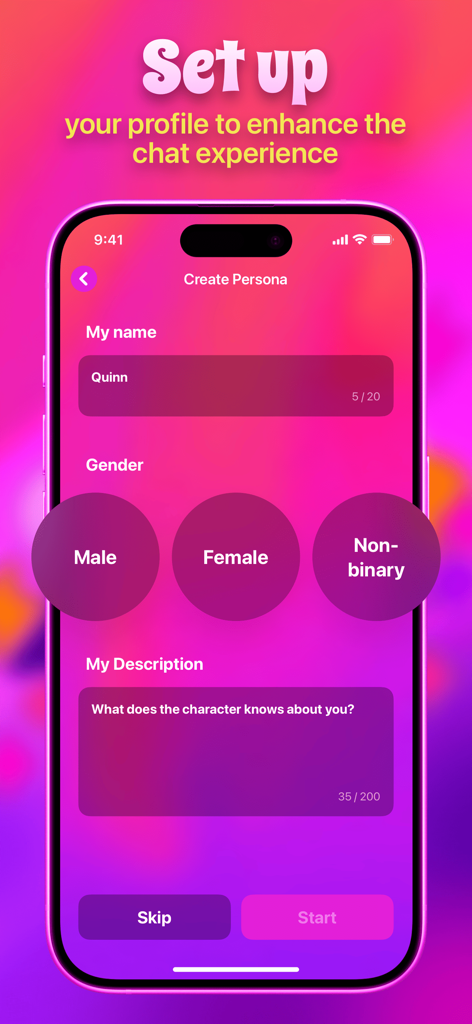Frenzo - Chat, Connect & Cheer - User profile creation screen in Frenzo app showing name and gender selection for AI personalization