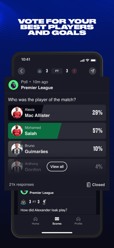 Interface de l'application EA SPORTS affichant un vote pour le joueur du match pour un match de Premier League.