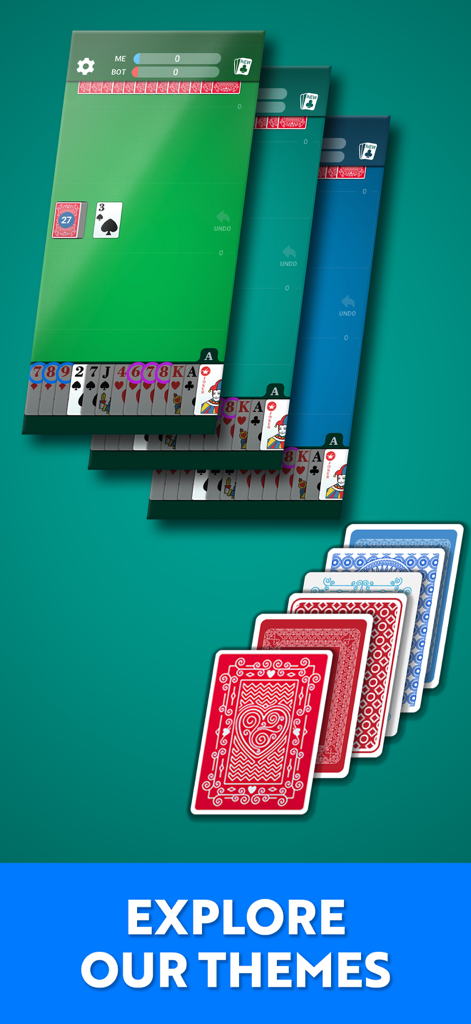 Uma exibição de temas do jogo de cartas Rummy 500 apresentando diferentes cores de fundo e uma variedade de padrões de verso de carta