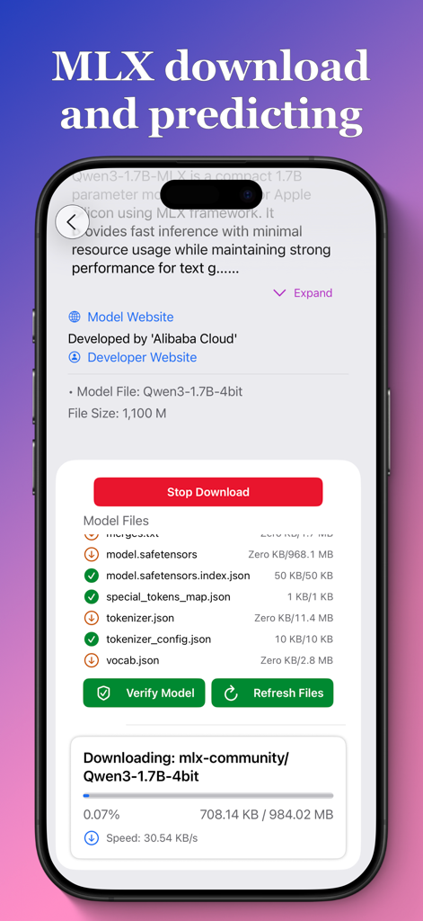 Privacy AI: Powerful chatbot - Privacy AI app screen displaying the on-device download and verification of an MLX AI model.