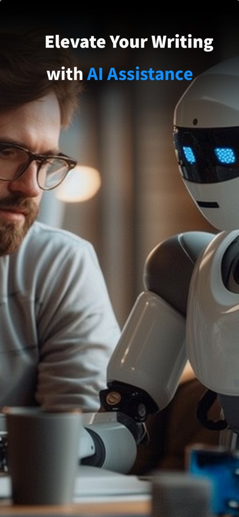 Writing AI - Essay Assistant - A man collaborating with a humanoid robot to improve his writing with AI assistance