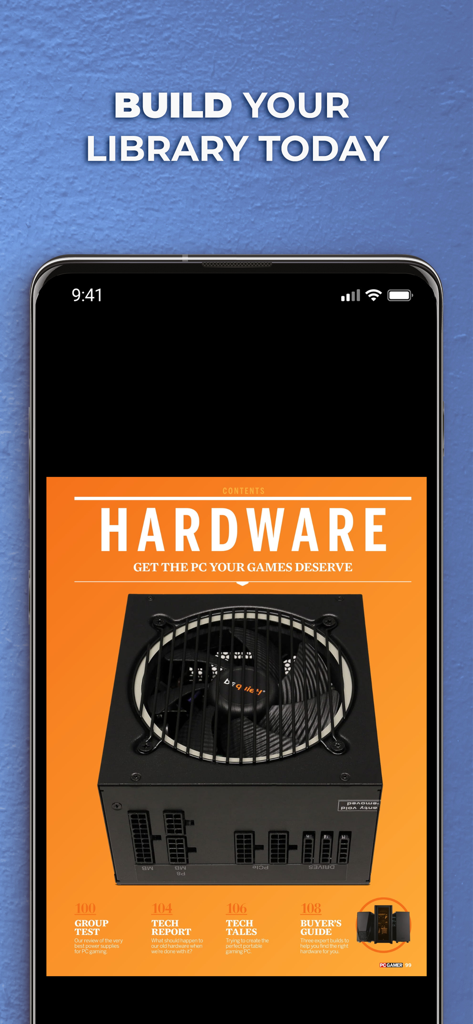 Digital edition of PC Gamer magazine featuring a hardware power supply and expert tech guides for PC enthusiasts