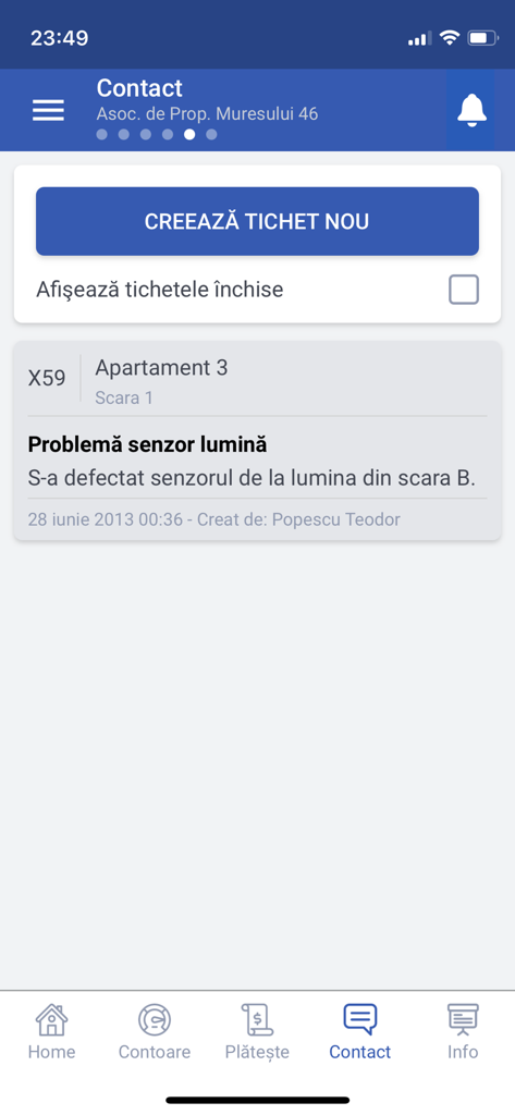 e-bloc.ro - The contact section of the e-bloc.ro app where users can create and manage maintenance tickets for their property.