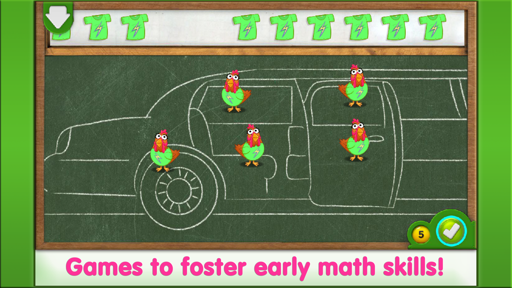 Elmo Loves 123s - Preschool counting activity featuring chickens and a car on a chalkboard from Elmo Loves 123s.