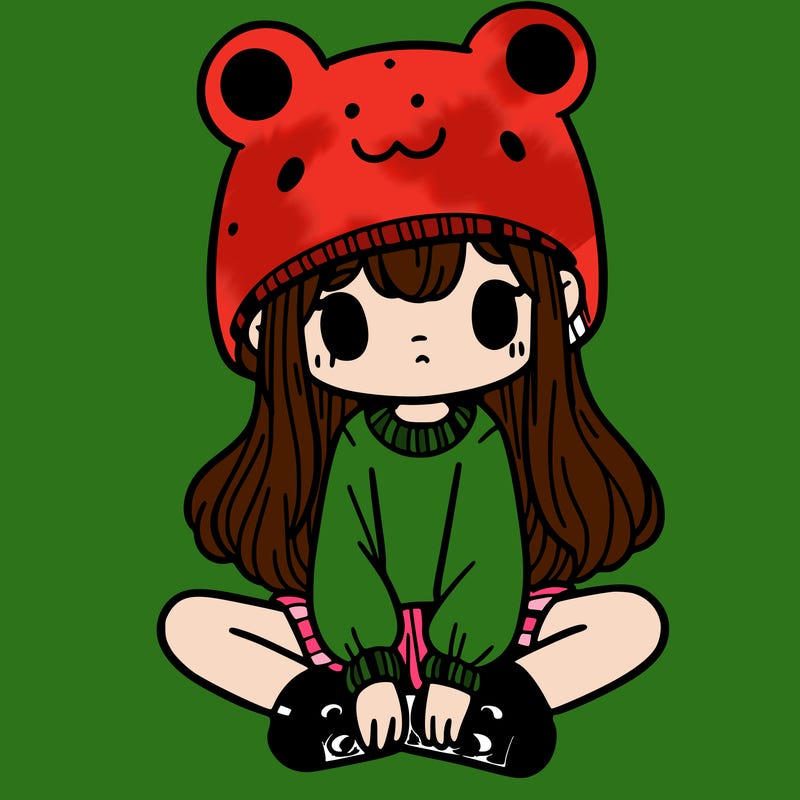 a girl wearing a frog hat and some frog socks