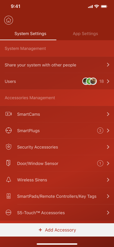 System settings screen in the S6evo app showing user management and smart accessory options like SmartCams and SmartPlugs.