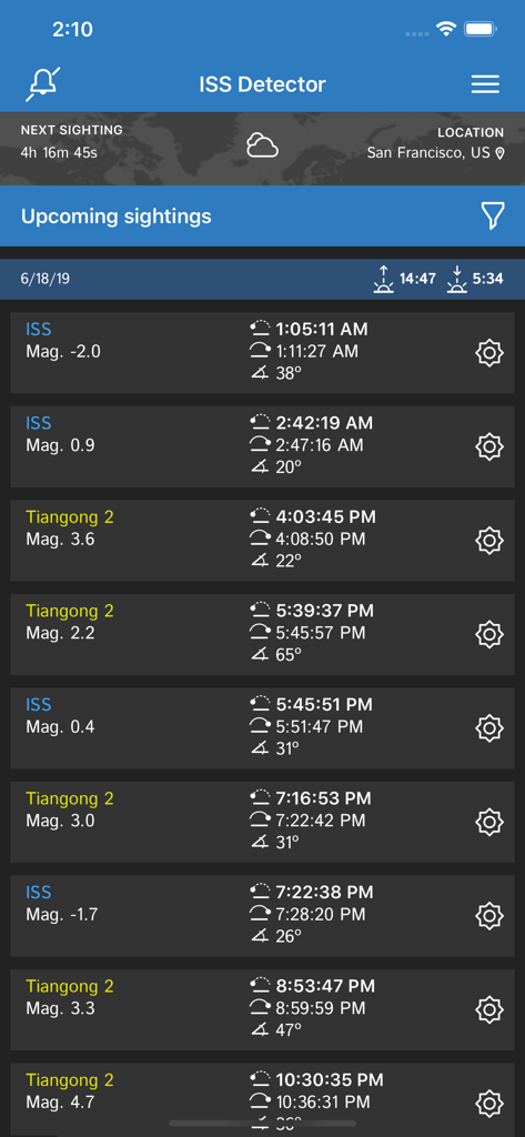 ISS Detector app showing upcoming International Space Station and Tiangong 2 sightings