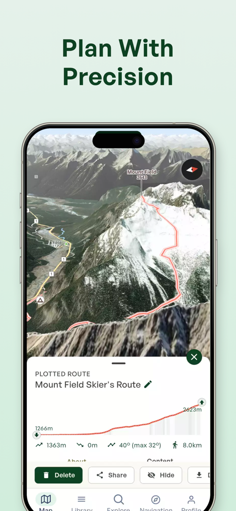 A 3D topographic map on the Outmap app showing a plotted ski route on Mount Field with elevation and slope data.