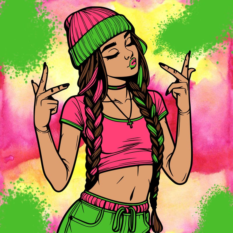 realistic teenage girl with braids and a beanie and crop top doing 🫶🏼