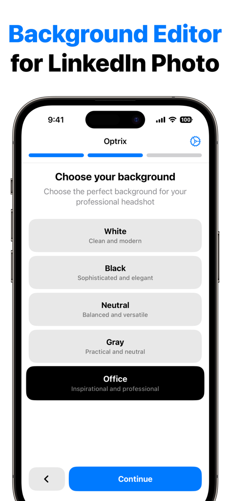 Professional Headshot: Optrix - Optrix app interface showing background options for a professional LinkedIn headshot including white black neutral gray and office styles