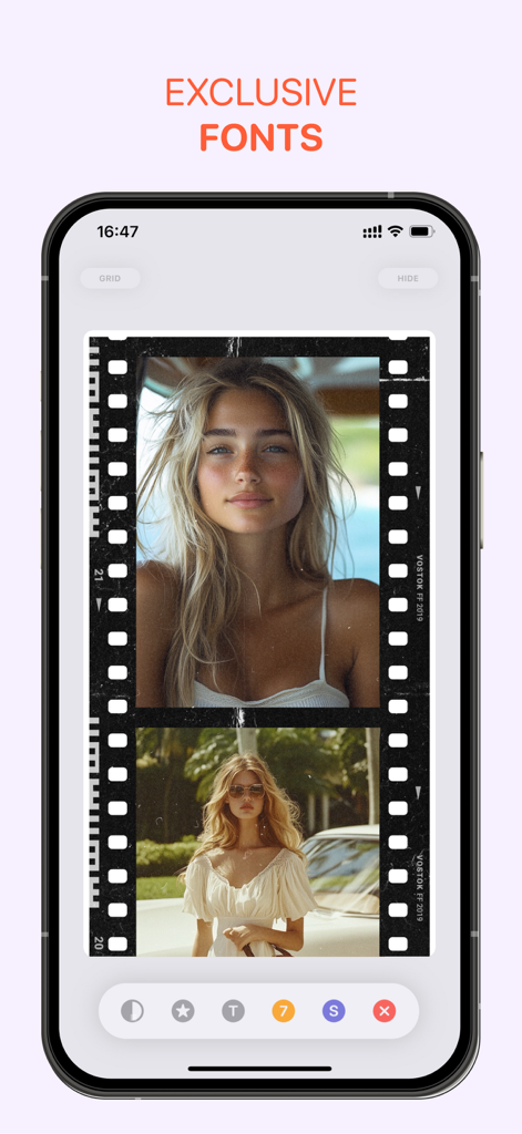 Vostok — Story Maker - A smartphone screen displaying the Vostok app interface with a vintage film strip photo collage and exclusive font options
