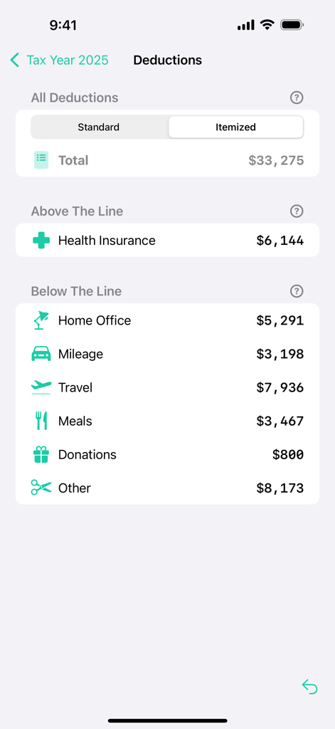 A mobile app screen for Taxatio showing a list of itemized tax deductions including health insurance, home office, and travel expenses.