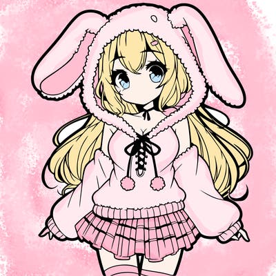 pretty anime girl wearing a fluffy hoodie with bunny ears on the hood and a skirt