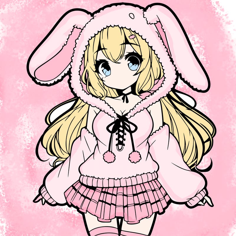 pretty anime girl wearing a fluffy hoodie with bunny ears on the hood and a skirt