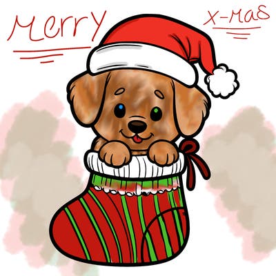 cute puppy wearing santa hat in socking