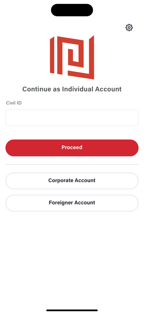 Maqasa Online - Login screen of the Maqasa Online app showing account type selection for Individual Corporate and Foreigner accounts