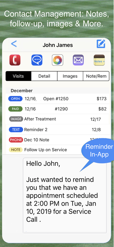 LawnCare Pro app client management dashboard with visit history and appointment reminders.