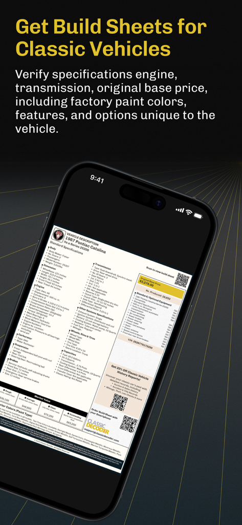 Classic Car VIN Lookup - A digital build sheet for a 1967 Pontiac Catalina displaying detailed technical specifications and original factory options on a mobile app.