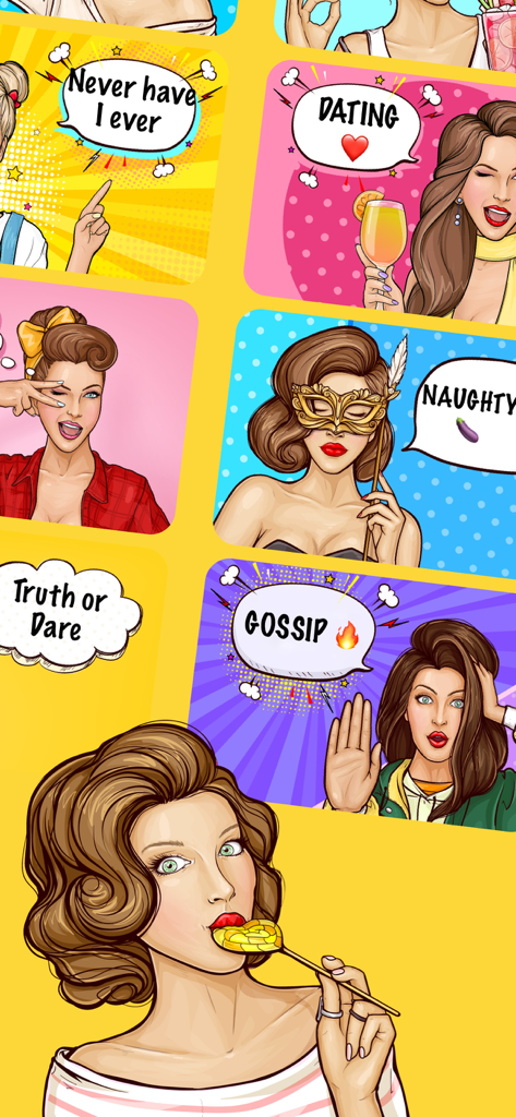 Pin-up: Dirty House Party Game - Ilustraciones estilo pop-art de varios modos de juego como Citas, Travieso, Chismes y Yo Nunca para una app de fiesta.