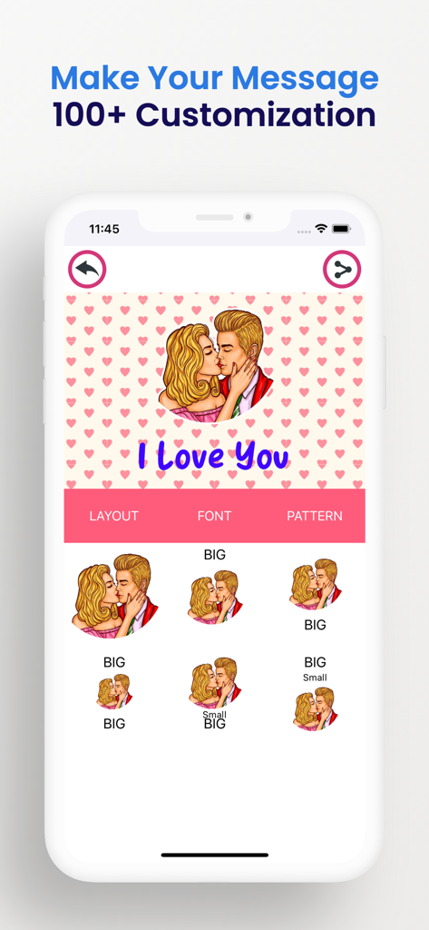 A mobile interface for customizing flirty emoji messages with romantic stickers and text options