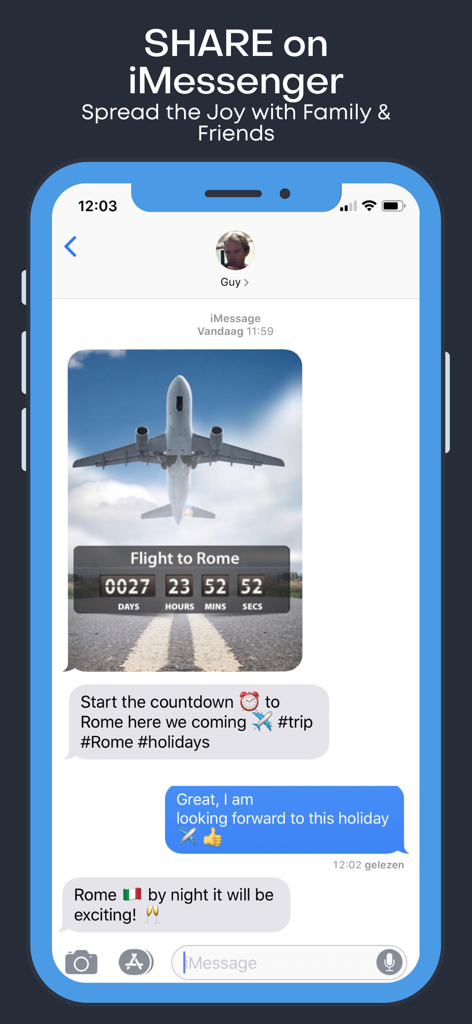 Holiday and Vacation Countdown - A vacation countdown to Rome being shared through iMessage in a group chat.