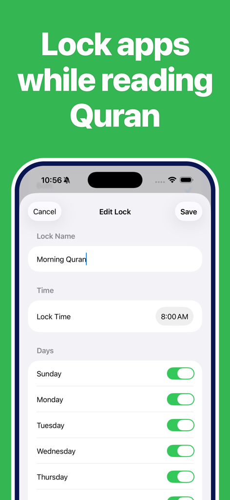 prayer lock: muslim focus - Oberfläche der Gebets-Sperre-App, die einen Bildschirm zur Bearbeitung einer geplanten App-Sperre namens 'Morgen-Koran um 8 Uhr' zeigt