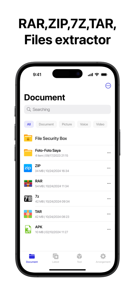 Zip & RAR & 7z File Extractor - Interface d'application mobile affichant une liste de formats de fichiers compressés comme ZIP RAR et 7z