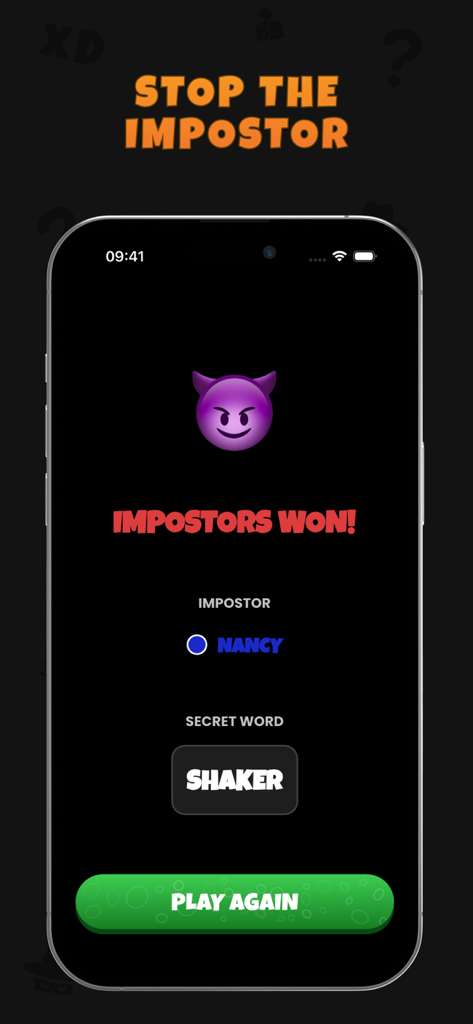 Fake It - Guess The Imposter - A game results screen in Fake It showing that the impostors won with the secret word shaker