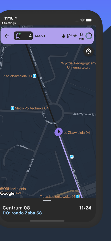 Seguimiento de transporte público en tiempo real en un mapa en la aplicación Time4BUS que muestra la hora de llegada y los detalles de la línea