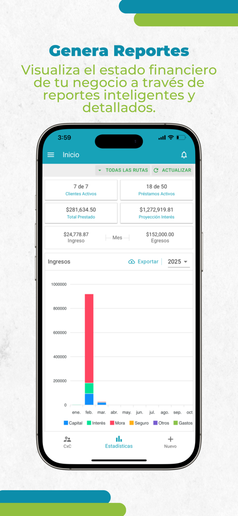 PrestamistApp 3.0 - Painel móvel do PrestamistApp 3.0 exibindo relatórios financeiros e gráficos de barras de receita