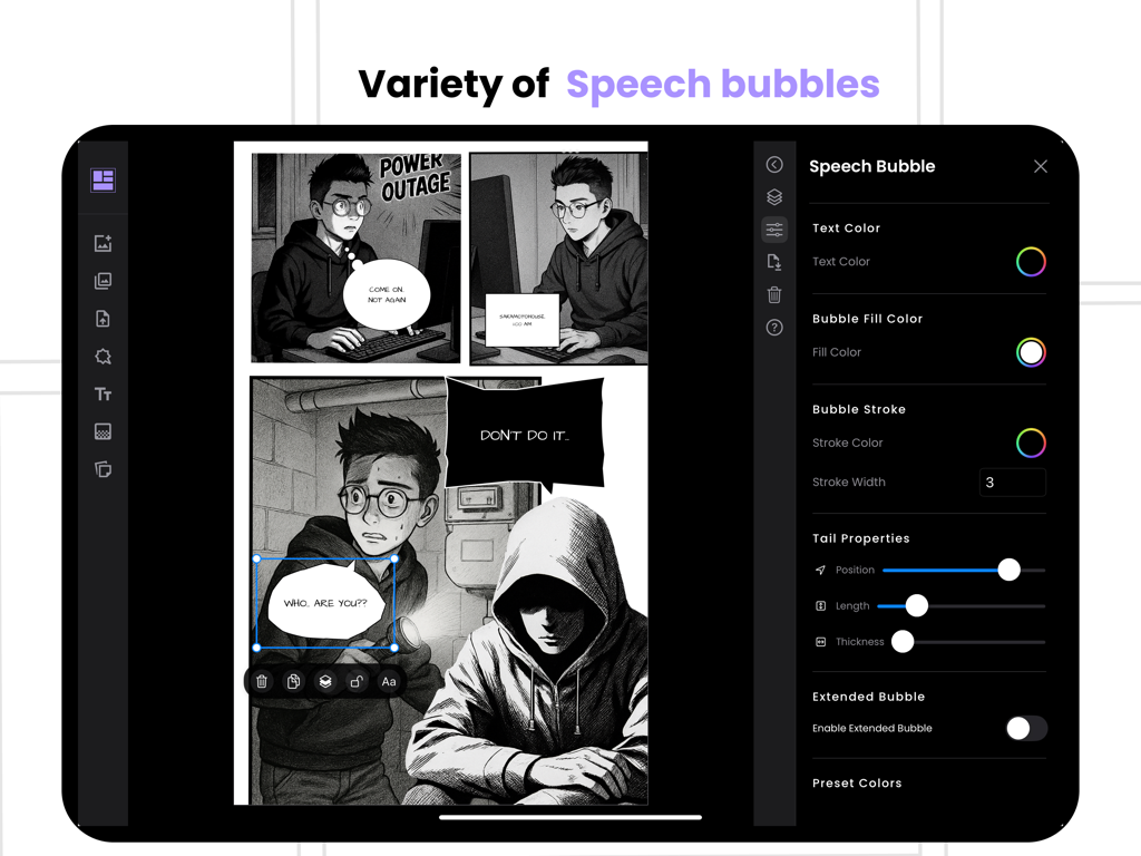 Comic maker - Arcstudio - Interface for customizing speech bubbles and text in the Comic Maker Arcstudio app.
