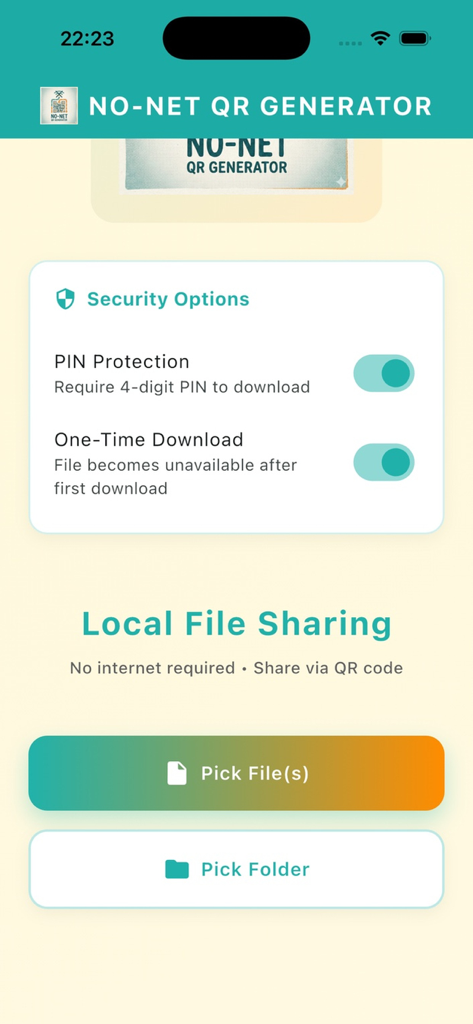 Interface of the NO-NET QR Generator app showing security options for PIN protection and local file sharing buttons