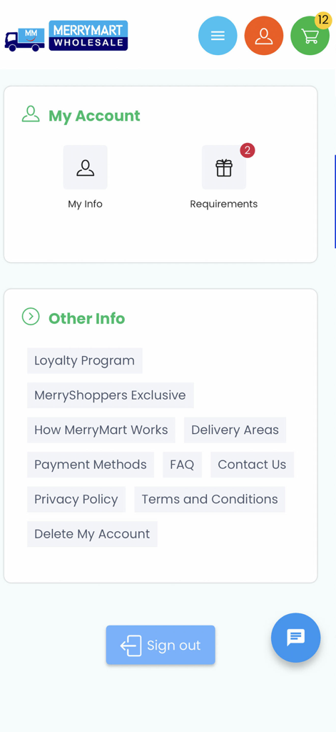 MM Wholesale - MM Wholesale app My Account screen displaying profile info loyalty program details and support links