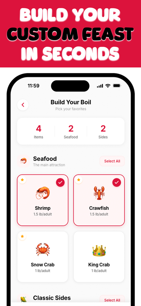 Boil Buddy: Seafood Calculator - Interfaz de la aplicación Boil Buddy para seleccionar mariscos como camarones y cangrejos para crear un festín personalizado.