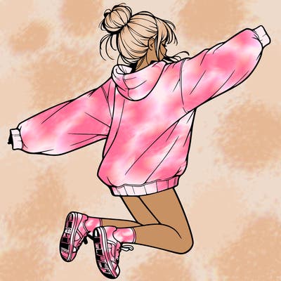 realistic girl jumping with a bun and oversized sweatshirt