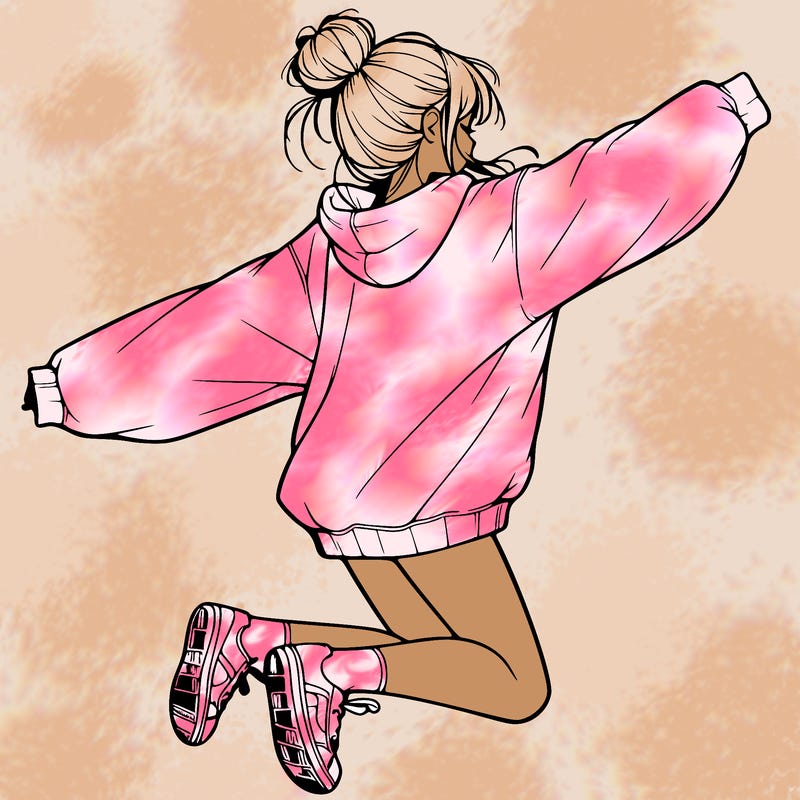 realistic girl jumping with a bun and oversized sweatshirt