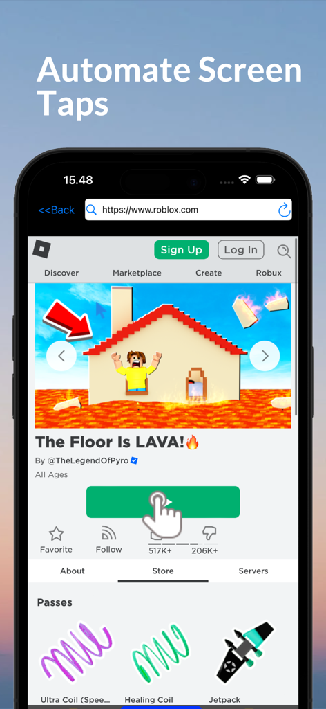 Auto Clicker: Auto Tapper Pro - Auto Clicker app interface automating screen taps on a Roblox game website