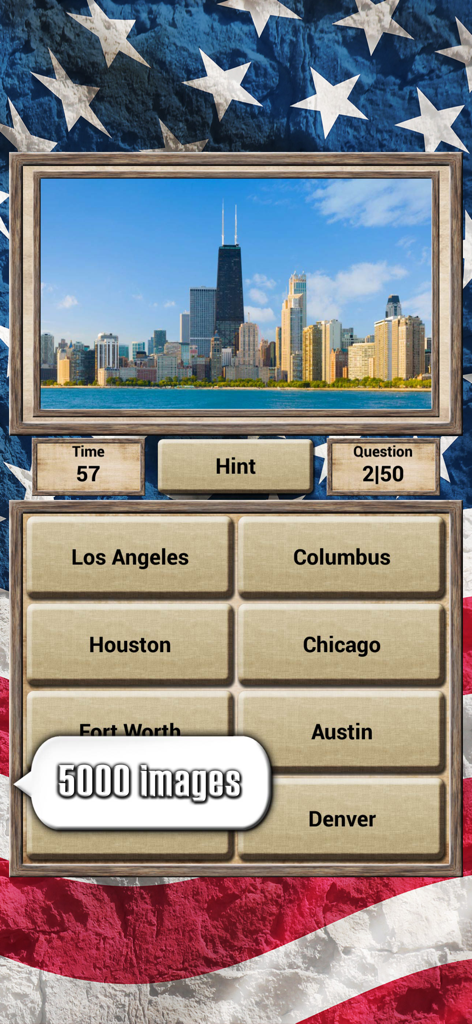 Screenshot del gioco a quiz Geografia USA che mostra una foto dello skyline di una città per una domanda di identificazione a scelta multipla.