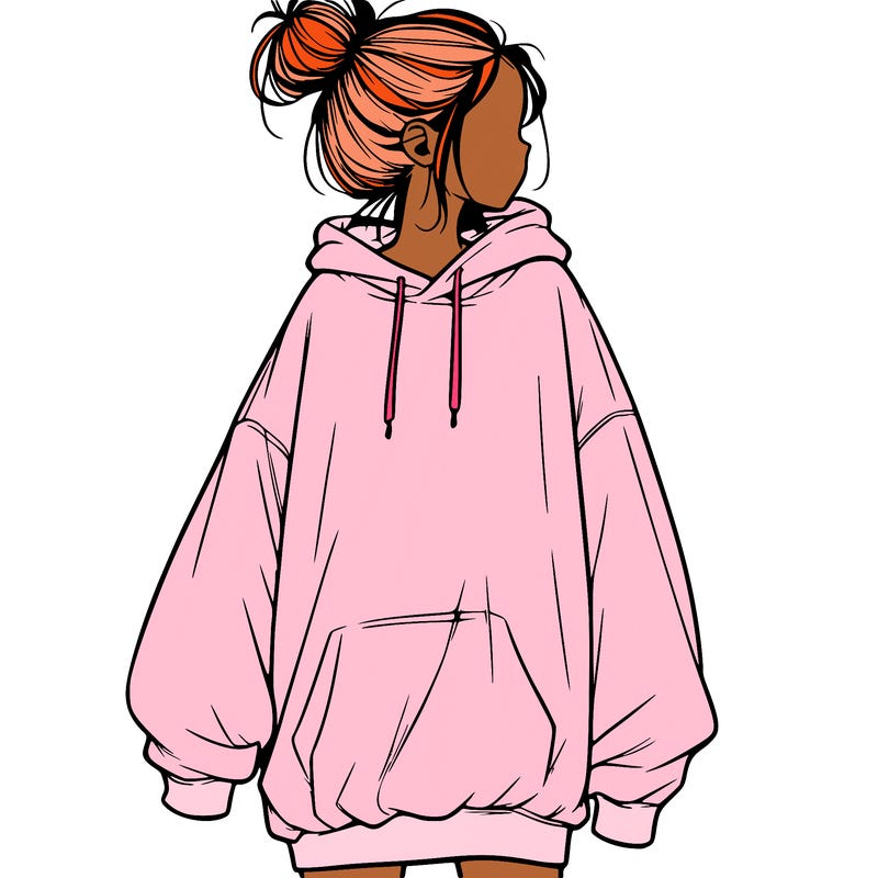 realistic girl with a oversized sweatshirt on and a bun